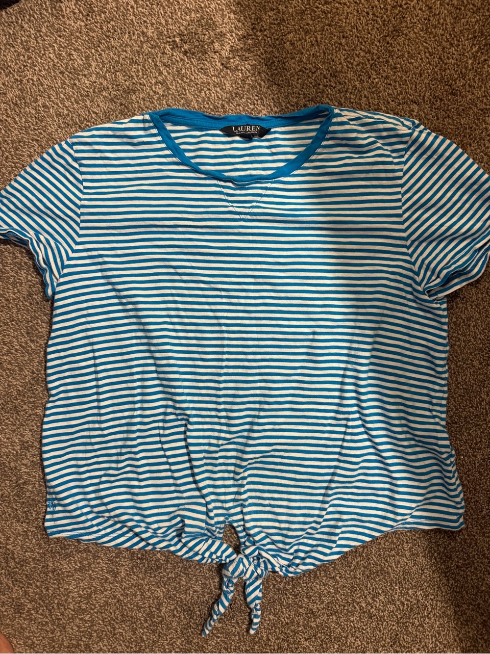 Ralph Lauren Blue and White Striped Tie-Front Crop Tee